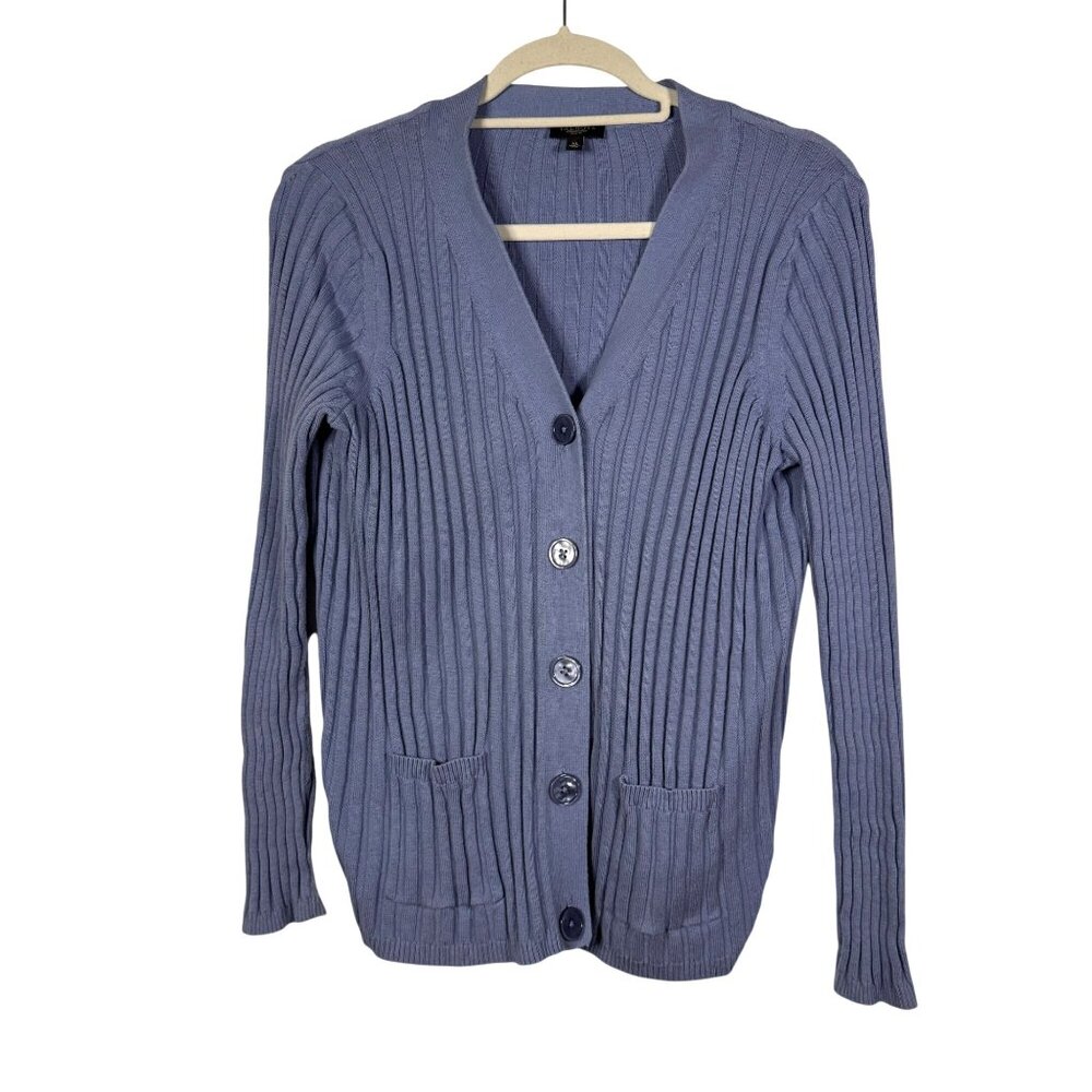 Talbots Petites Blue Front Pockets Ribbed Cardigan Sweater Size XL Layering Comf
